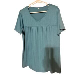 Teal Blue V-Neck Babydoll T-Shirt with Gathered Empire Waist, Size